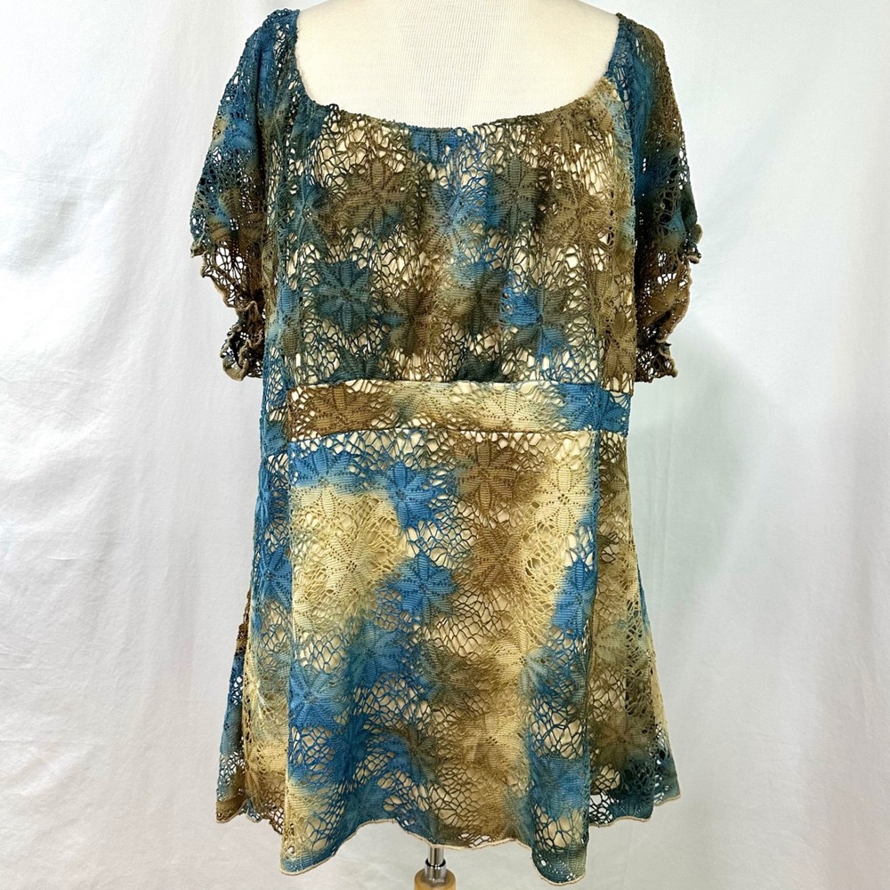 LANE BRYANT Vintage Y2K 90s Blue Brown Lace Babydoll Top Fairy Grunge Plus 18/20